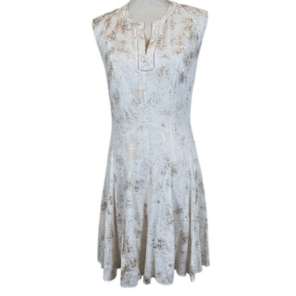 Rebecca Taylor Dress Cap Sleeve White with Metallic Copper Detail Print Size 4